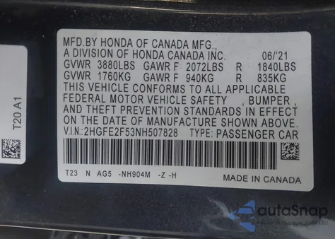 2022 Honda Civic Sport из США, поврежденный, VIN 2HGFE2F53NH507828